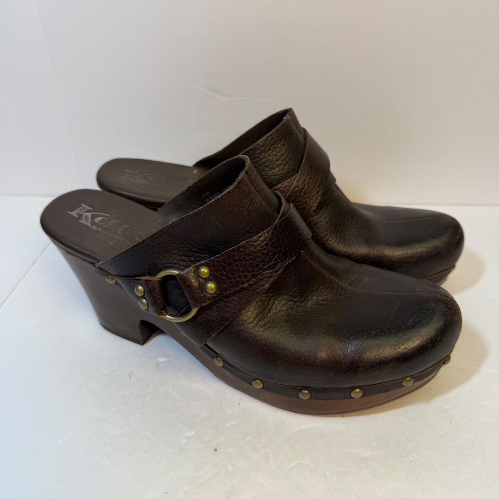 Korks by Kork-Ease Women Brown Leather Studded Wooden Platform Clogs Mules 8